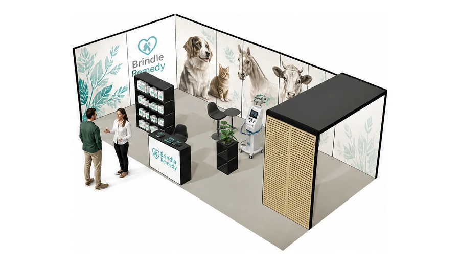 Stoisko 8 × 4 m narożne lewe dla branży weterynaria, przykładowa marka Brindle Remedy