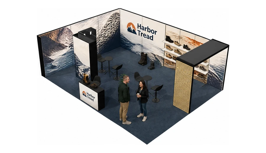 Stoisko 8 × 6 m narożne lewe dla branży obuwie, przykładowa marka Harbor Tread