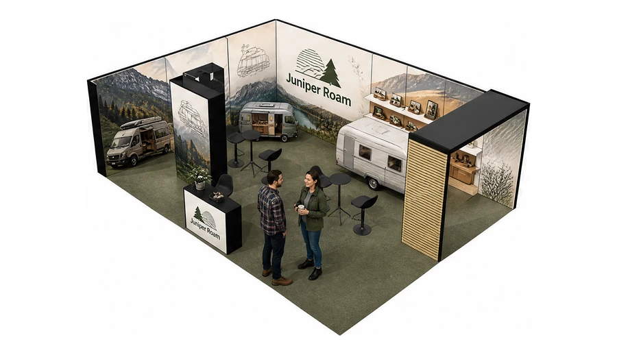 Stoisko 8 × 6 m narożne lewe dla branży caravaning i kampery, przykładowa marka Juniper Roam