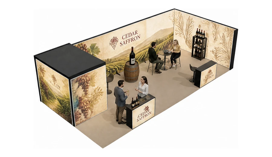 Stoisko 10 × 5 m narożne prawe dla branży winnica, przykładowa marka Cedar Saffron