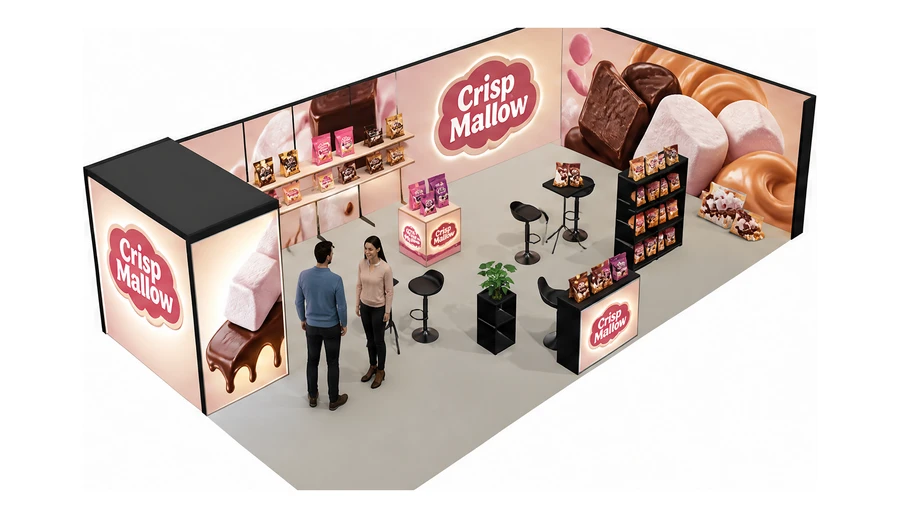 Stoisko 10 × 6 m narożne prawe dla branży słodycze i przekąski, przykładowa marka Crisp Mallow