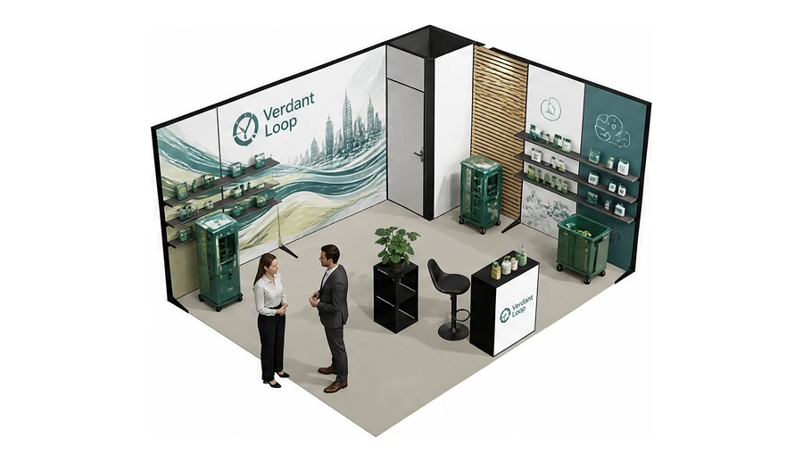 Stoisko 5 × 4 m narożne prawe dla branży recykling i ochrona środowiska, przykładowa marka Verdant Loop