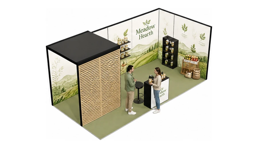 Stoisko 6 × 3 m narożne prawe dla branży żywność ekologiczna, przykładowa marka Meadow Hearth