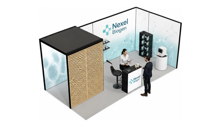 Stoisko 6 × 3 m narożne prawe dla branży farmacja i biotechnologia, przykładowa marka Nexel Biogen