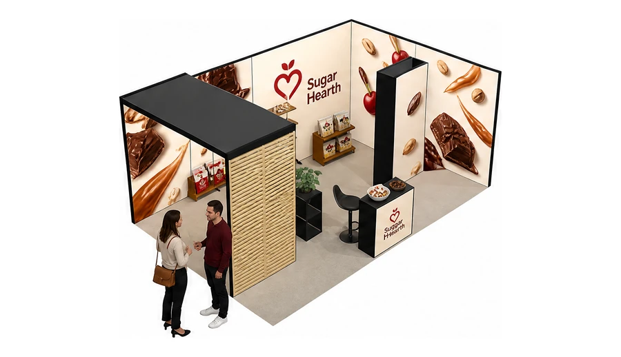 Stoisko 6 × 4 m narożne prawe dla branży słodycze i przekąski, przykładowa marka Sugar Hearth