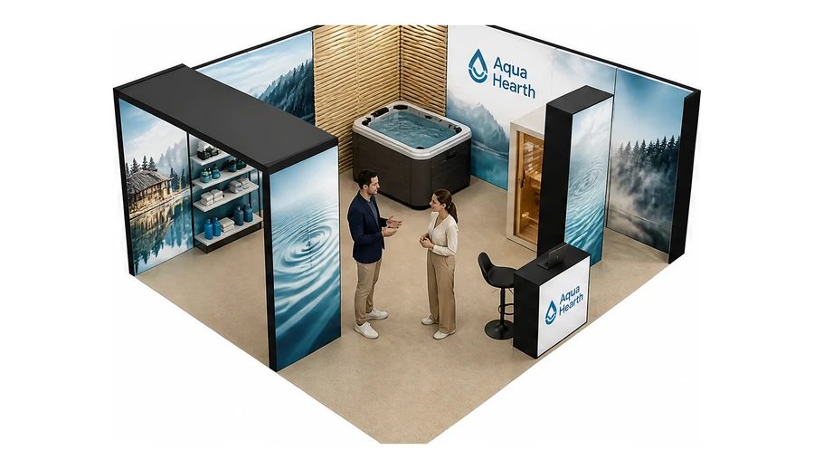 Stoisko 6 × 5 m narożne prawe dla branży baseny i sauny, przykładowa marka Aqua Hearth