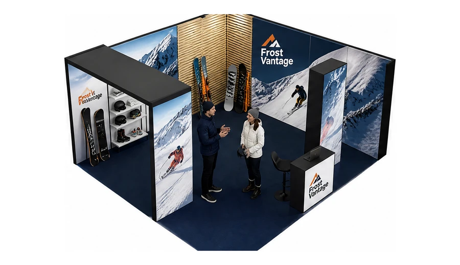 Stoisko 6 × 5 m narożne prawe dla branży narciarstwo i sporty zimowe, przykładowa marka Frost Vantage