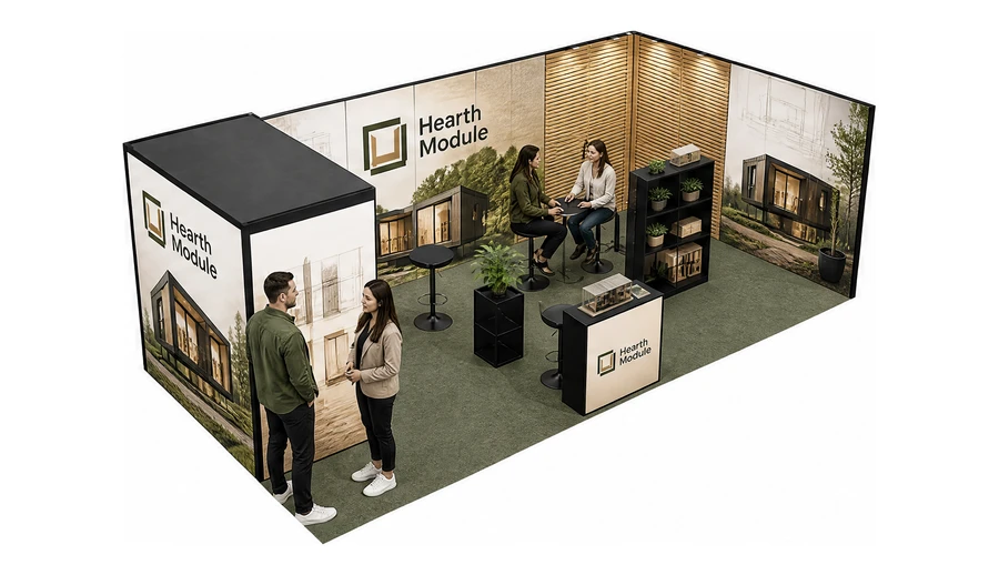 Stoisko 8 × 4 m narożne prawe dla branży domy modułowe i prefabrykacja, przykładowa marka Hearth Module