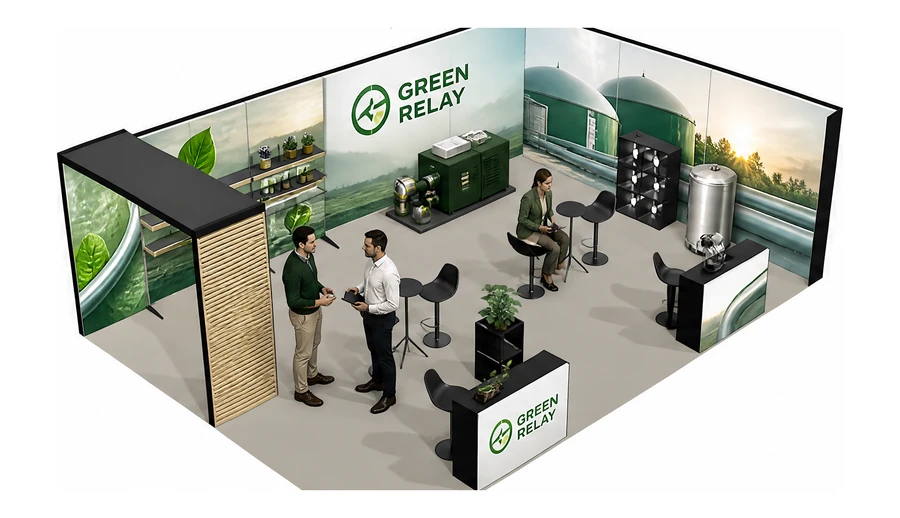 Stoisko 8 × 6 m narożne prawe dla branży biogaz i OZE, przykładowa marka Green Relay