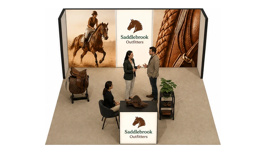 Stoisko 5 × 5 m półwyspowe dla branży jeździectwo, przykładowa marka Saddlebrook Outfitters
