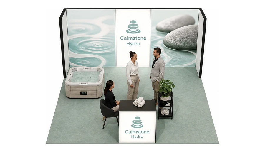 Stoisko 5 × 5 m półwyspowe dla branży spa i wellness, przykładowa marka Calmstone Hydro