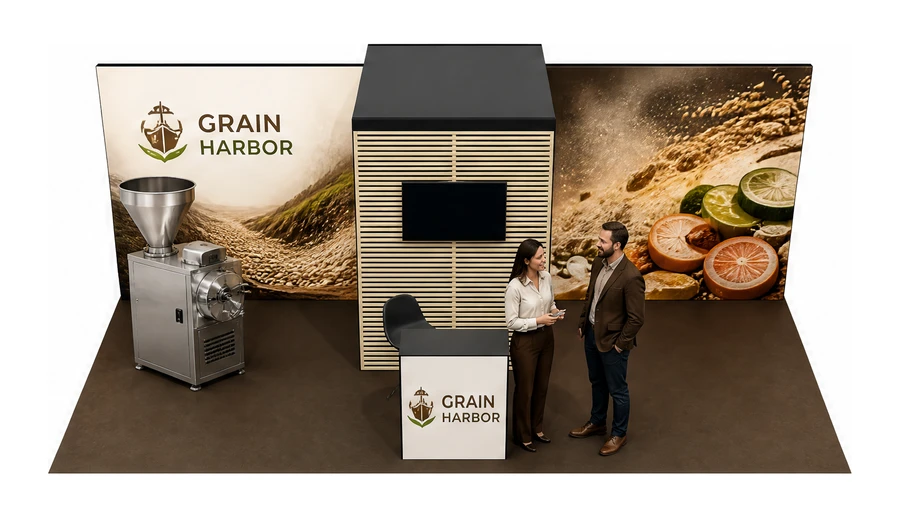 Stoisko 6 × 4 m półwyspowe dla branży technologie spożywcze, przykładowa marka Grain Harbor