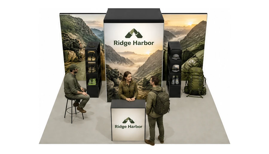 Stoisko 6 × 5 m półwyspowe dla branży odzież i sprzęt outdoorowy, przykładowa marka Ridge Harbor