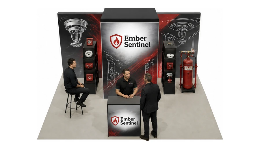 Stoisko 6 × 5 m półwyspowe dla branży ochrona przeciwpożarowa, przykładowa marka Ember Sentinel