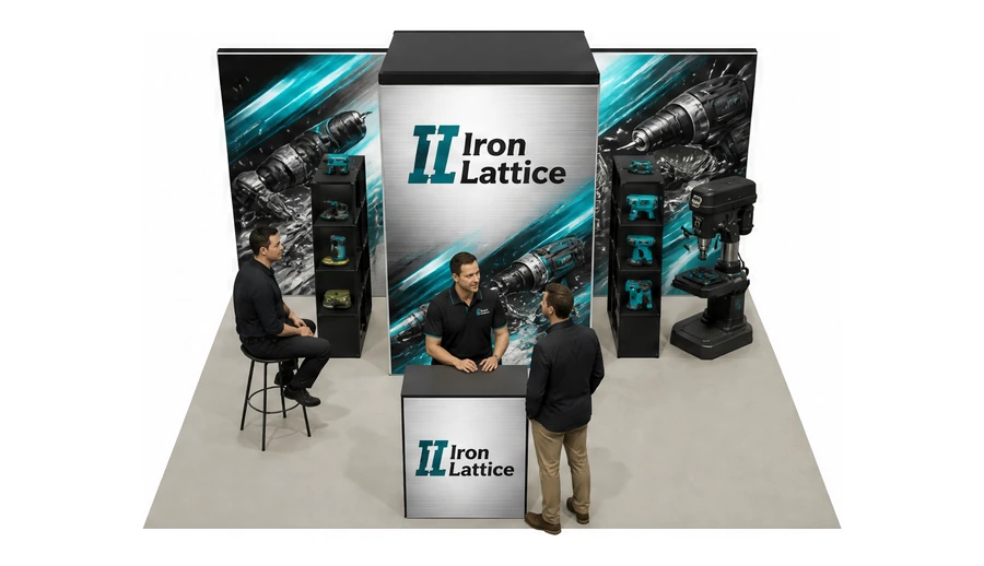 Stoisko 6 × 5 m półwyspowe dla branży elektronarzędzia, przykładowa marka Iron Lattice