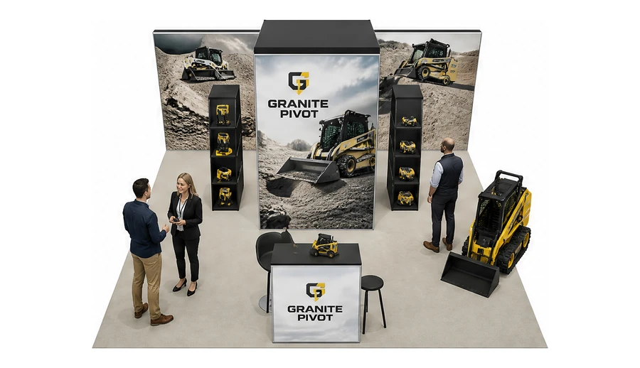 Stoisko 6 × 6 m półwyspowe dla branży maszyny budowlane, przykładowa marka Granite Pivot