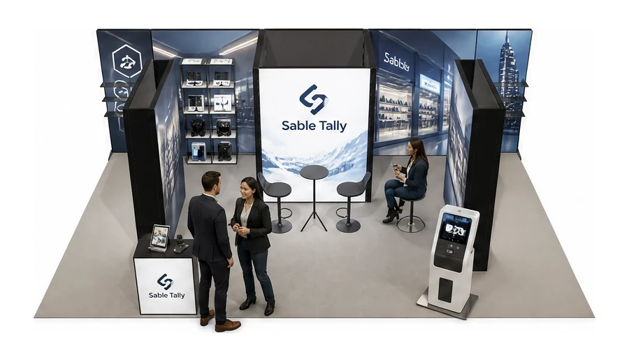 Stoisko 8 × 5 m półwyspowe dla branży technologie dla handlu, przykładowa marka Sable Tally
