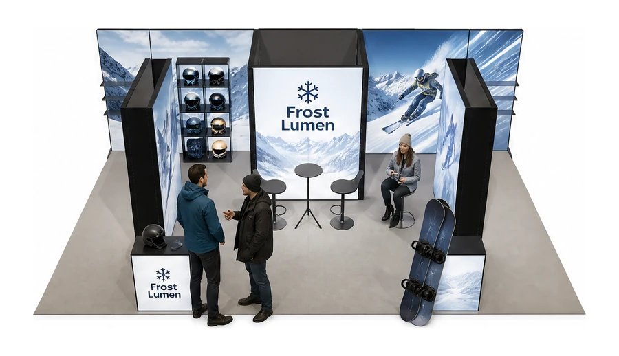 Stoisko 8 × 5 m półwyspowe dla branży narciarstwo i sporty zimowe, przykładowa marka Frost Lumen