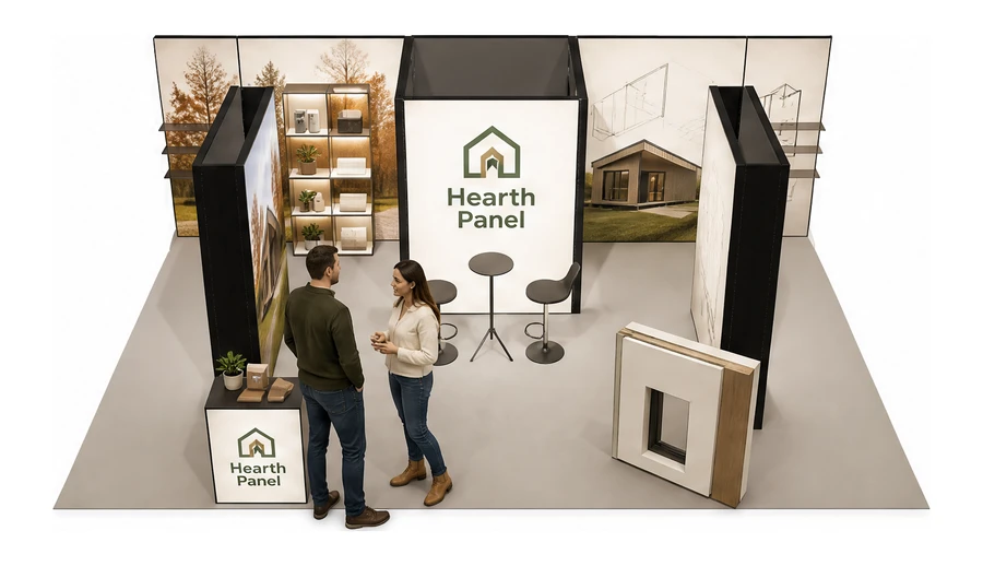 Stoisko 8 × 5 m półwyspowe dla branży domy modułowe i prefabrykacja, przykładowa marka Hearth Panel