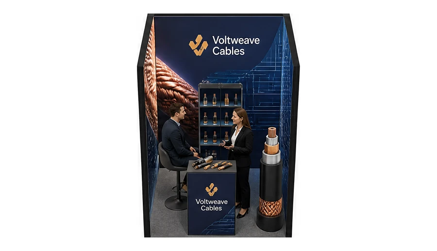 Stoisko 2 × 2 m szeregowe dla branży kable i elektrotechnika, przykładowa marka Voltweave Cables