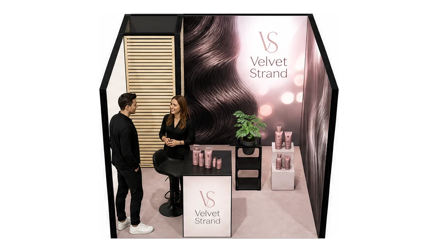 Stoisko 3 × 3 m szeregowe dla branży fryzjerstwo i salony beauty, przykładowa marka Velvet Strand