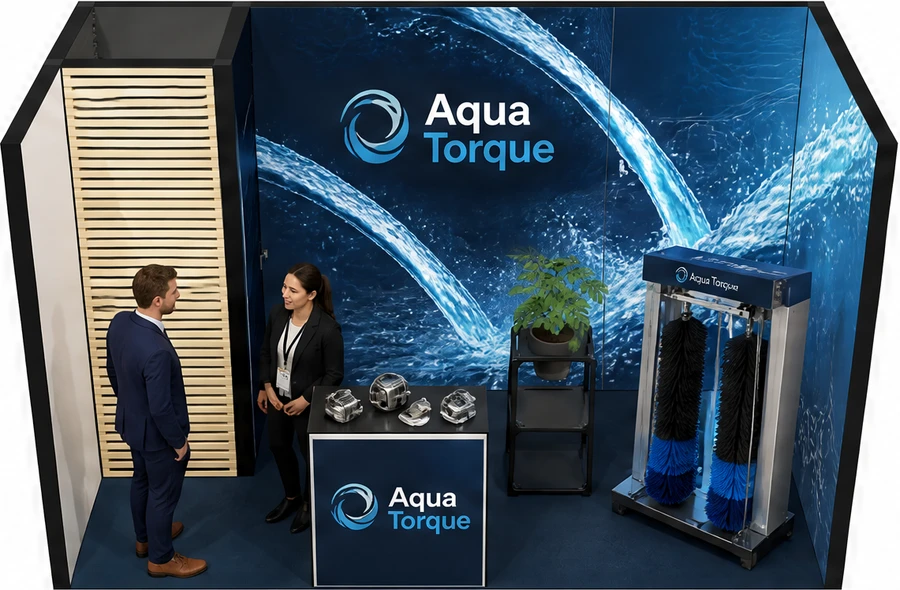 Stoisko 4 × 2 m szeregowe dla branży myjnie i pielęgnacja aut, przykładowa marka Aqua Torque