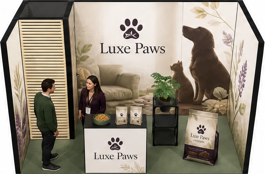 Stoisko 4 × 2 m szeregowe dla branży karma dla zwierząt, przykładowa marka Luxe Paws