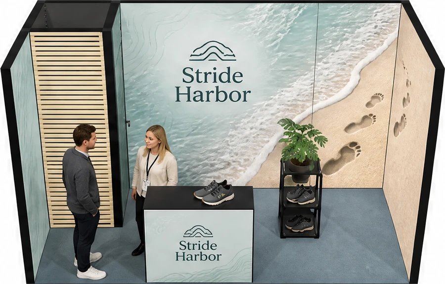 Stoisko 4 × 2 m szeregowe dla branży obuwie, przykładowa marka Stride Harbor