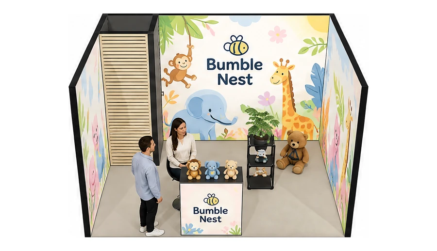 Stoisko 4 × 3 m szeregowe dla branży zabawki i artykuły dziecięce, przykładowa marka Bumble Nest
