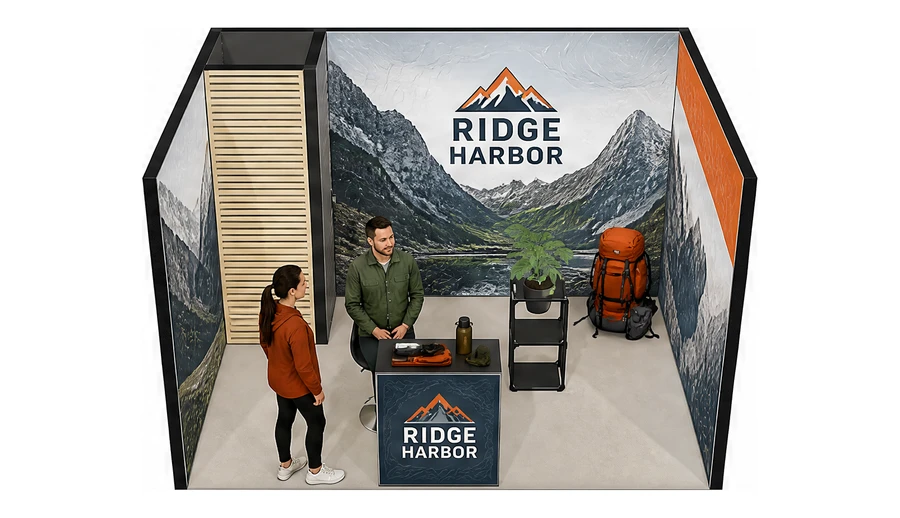 Stoisko 4 × 3 m szeregowe dla branży odzież i sprzęt outdoorowy, przykładowa marka Ridge Harbor