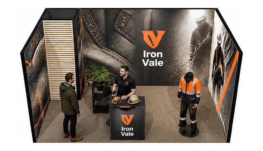 Stoisko 5 × 3 m szeregowe dla branży BHP i odzież ochronna, przykładowa marka Iron Vale