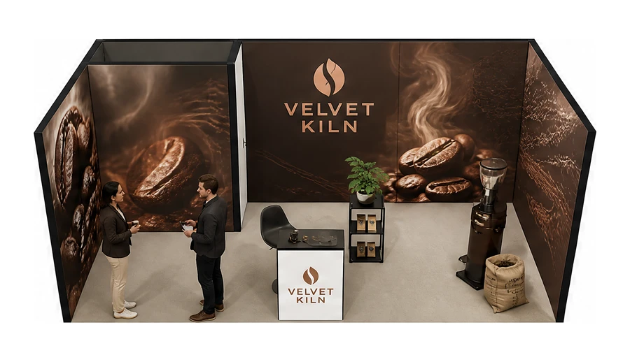 Stoisko 6 × 3 m szeregowe dla branży palarnia kawy, przykładowa marka Velvet Kiln