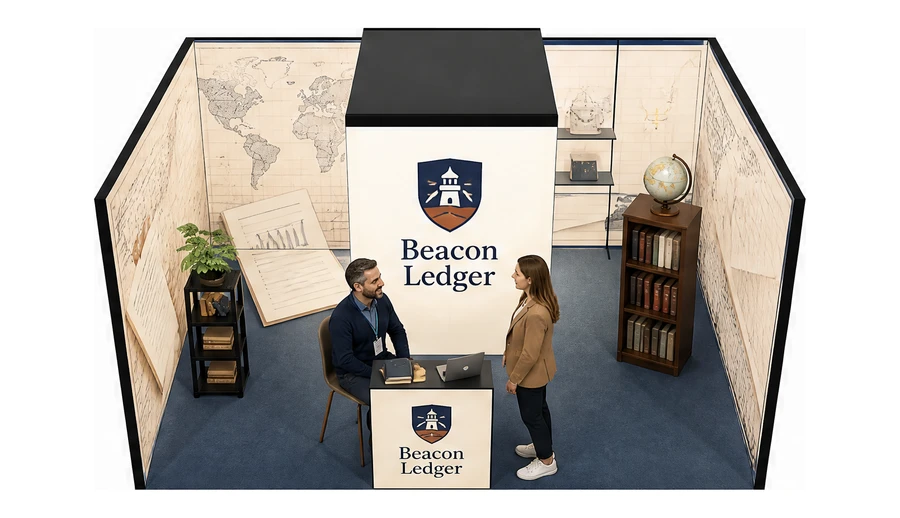 Stoisko 6 × 4 m szeregowe dla branży edukacja i szkolenia, przykładowa marka Beacon Ledger