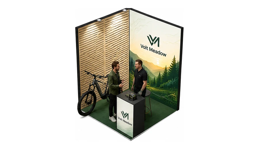 Stoisko 2 × 2 m narożne lewe dla branży rowery elektryczne, przykładowa marka Volt Meadow