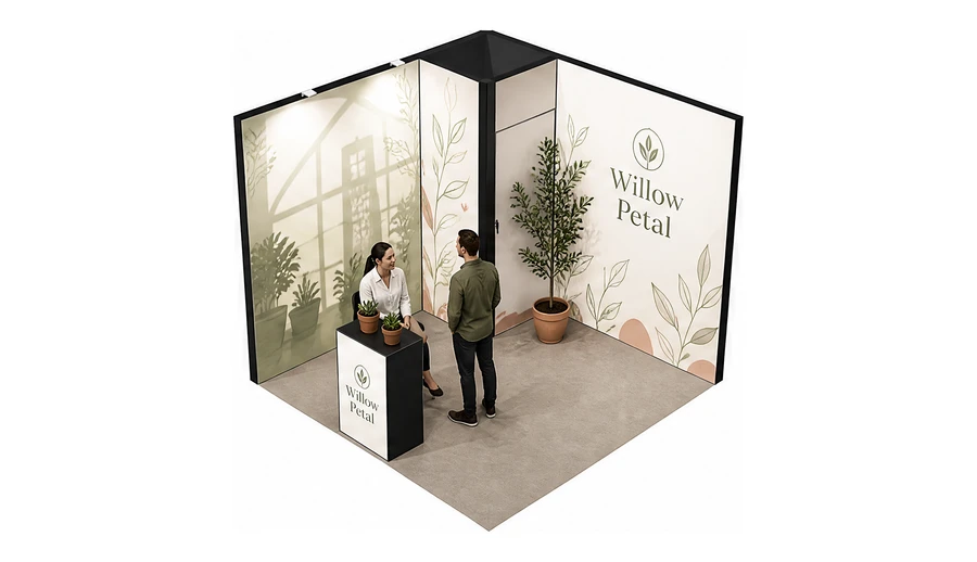 Stoisko 3 × 3 m narożne lewe dla branży rośliny i kwiaciarstwo, przykładowa marka Willow Petal