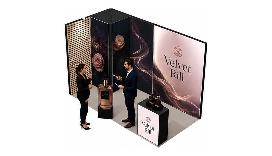 Stoisko 4 × 2 m narożne lewe dla branży perfumy, przykładowa marka Velvet Rill