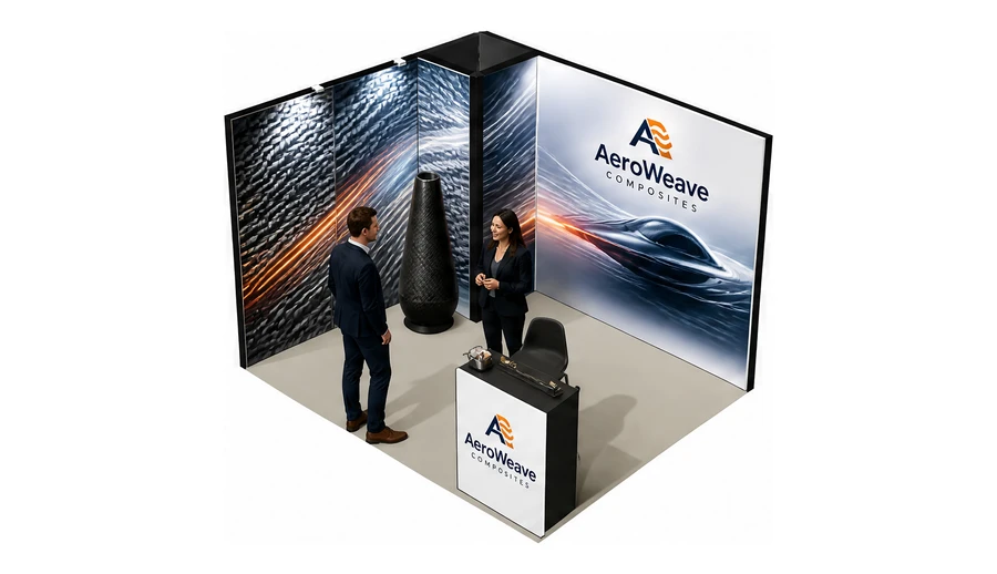 Stoisko 4 × 3 m narożne lewe dla branży materiały kompozytowe, przykładowa marka AeroWeave Composites