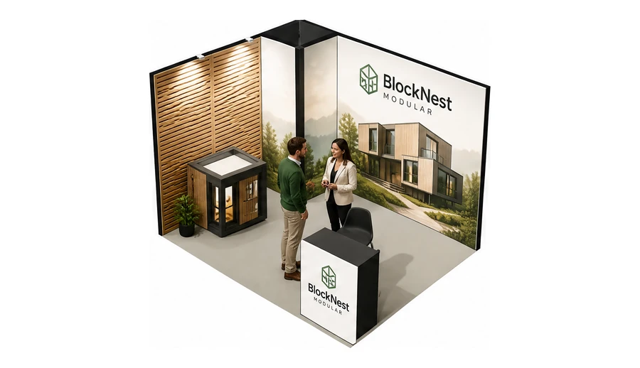 Stoisko 4 × 3 m narożne lewe dla branży domy modułowe i prefabrykacja, przykładowa marka BlockNest Modular