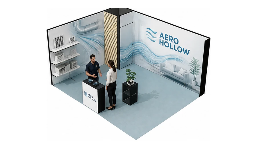 Stoisko 5 × 4 m narożne lewe dla branży wentylacja i klimatyzacja, przykładowa marka Aero Hollow