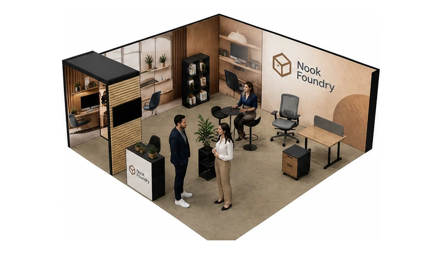 Stoisko 6 × 6 m narożne lewe dla branży meble biurowe, przykładowa marka Nook Foundry