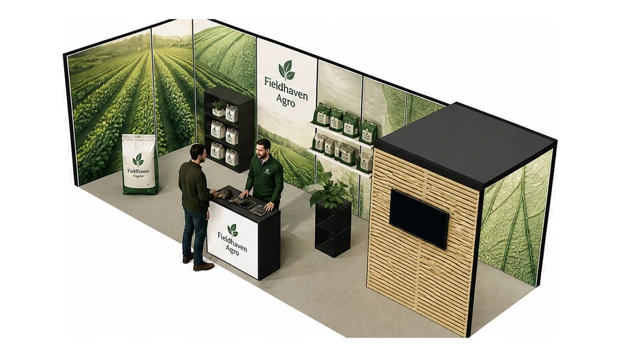 Stoisko 8 × 3 m narożne lewe dla branży nawozy i ochrona roślin, przykładowa marka Fieldhaven Agro