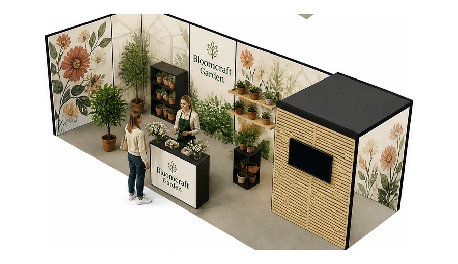 Stoisko 8 × 3 m narożne lewe dla branży rośliny i kwiaciarstwo, przykładowa marka Bloomcraft Garden