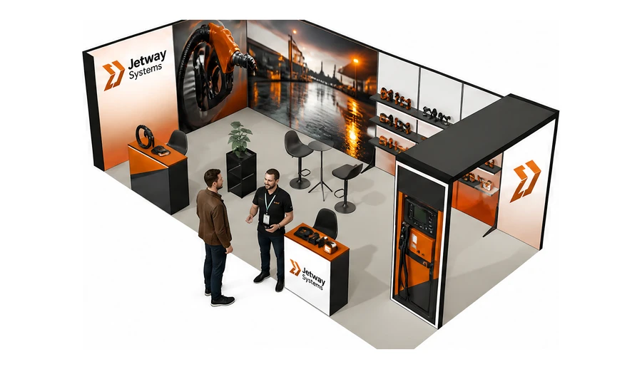 Stoisko 8 × 4 m narożne lewe dla branży stacje paliw, przykładowa marka Jetway Systems