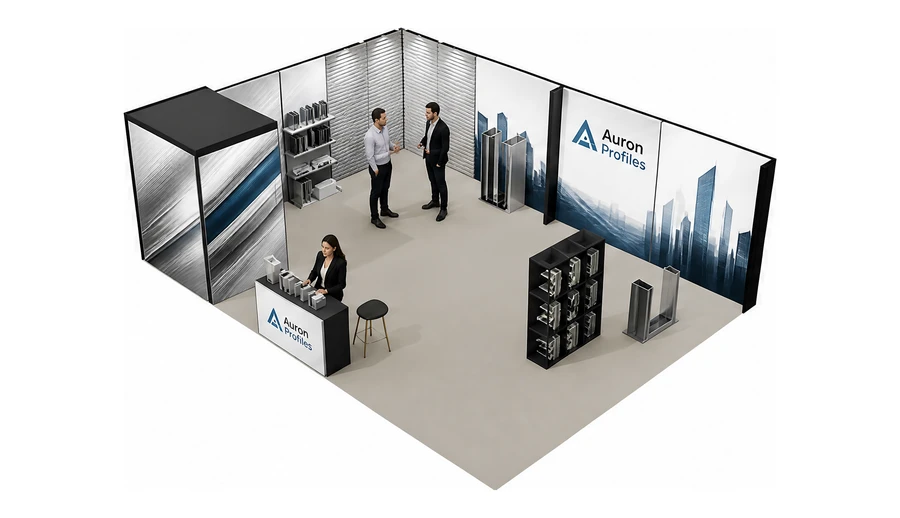 Stoisko 8 × 6 m narożne lewe dla branży profile aluminiowe, przykładowa marka Auron Profiles