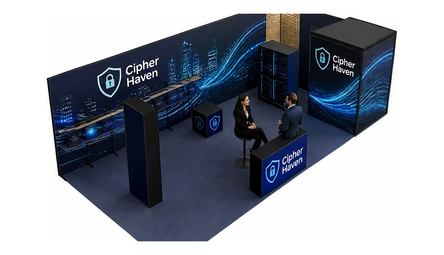 Stoisko 10 × 5 m narożne prawe dla branży cyberbezpieczeństwo, przykładowa marka Cipher Haven