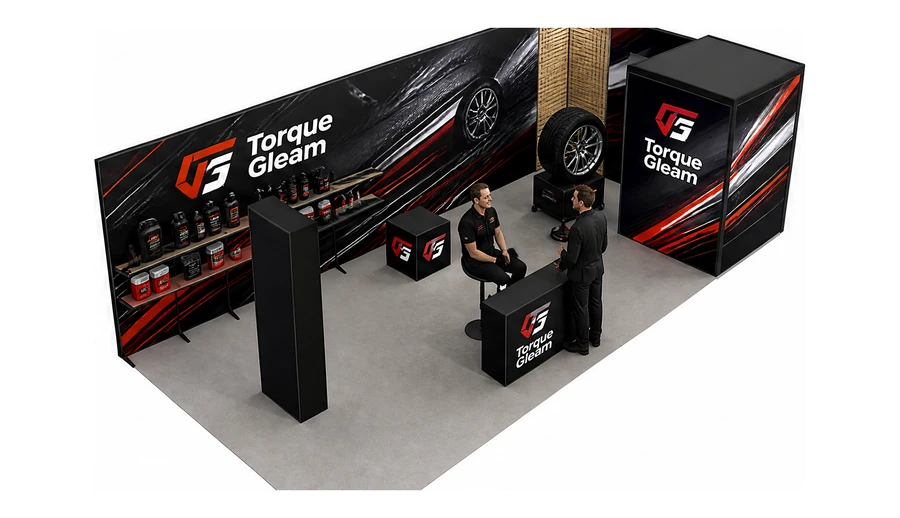 Stoisko 10 × 5 m narożne prawe dla branży tuning i detailing, przykładowa marka Torque Gleam