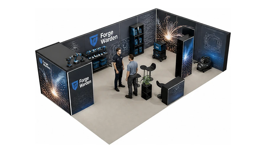 Stoisko 10 × 6 m narożne prawe dla branży elektronarzędzia, przykładowa marka Forge Warden