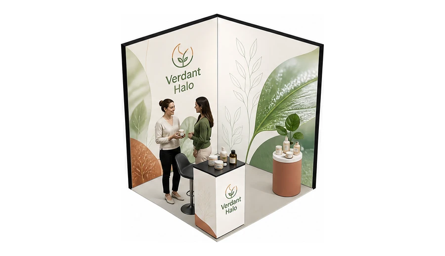 Stoisko 2 × 2 m narożne prawe dla branży kosmetyki naturalne, przykładowa marka Verdant Halo