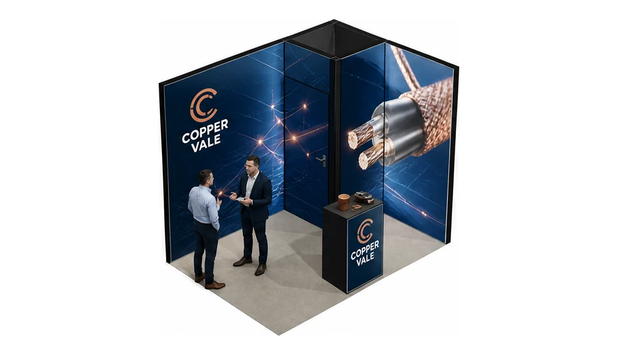 Stoisko 3 × 2 m narożne prawe dla branży kable i elektrotechnika, przykładowa marka Copper Vale