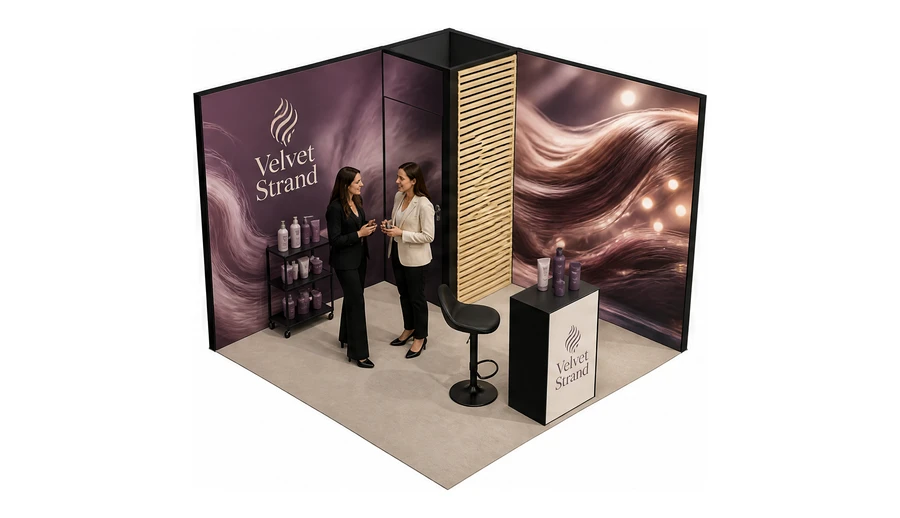 Stoisko 3 × 3 m narożne prawe dla branży fryzjerstwo i salony beauty, przykładowa marka Velvet Strand